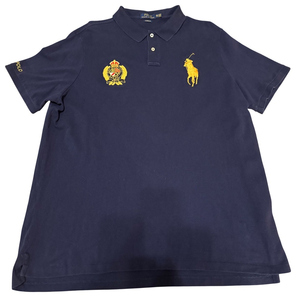 Polo Ralph Lauren Mens XXL Navy Blue Big Pony Royal Crest Classic Fit Polo Shirt